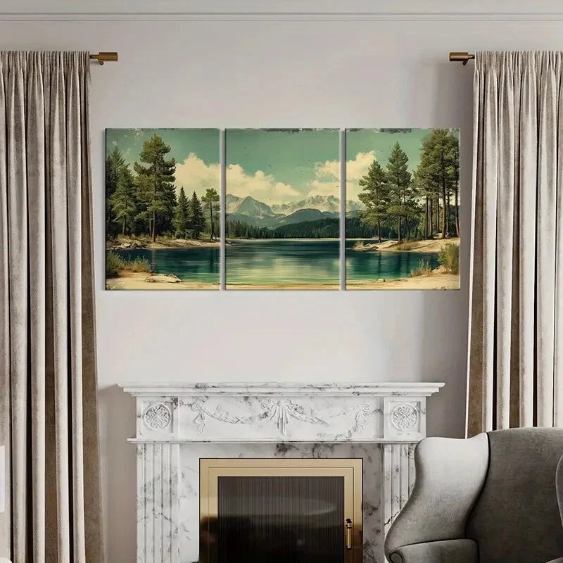 3pcs Mountain Lake Pine Trees Snowy Peak Metal Print Ready to Hang Art - Bella Home Decor