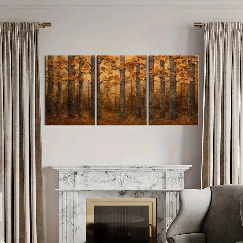 3pcs Autumn Forest Landscape Warm Tones Metal Print Ready to Hang Art - Bella Home Decor