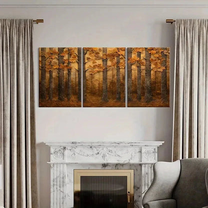 3pcs Autumn Forest Landscape Warm Tones Metal Print Ready to Hang Art - Bella Home Decor