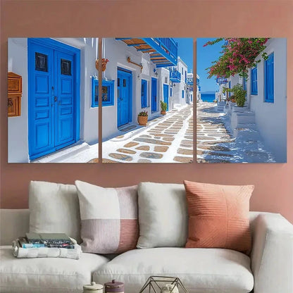 3pcs Street with Blue doors Mykonos Island Greece Metal Print Ready to Hang Art - Bella Home Decor
