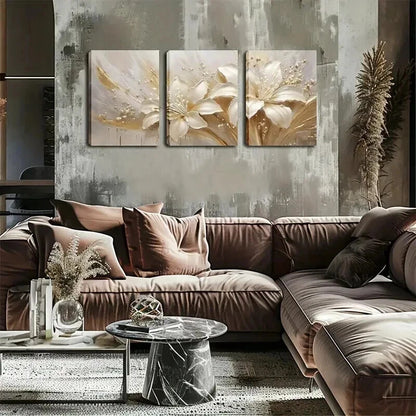 3pcs Textured Lily Golden Vintage Perfect Wall Art Set Canvas Framed 60x90cm - High Quality Print 100% Australian Made Wall Canvas Ready to Hang - Bella Home Decor