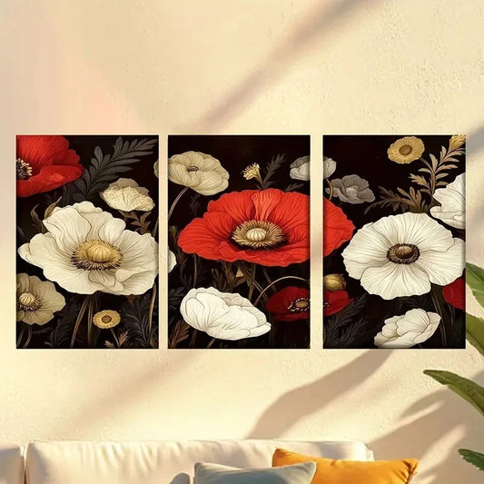 3pcs a painting of red and white flowers Wall Art Set Canvas Framed 40x60cm - High Quality Print 100% Australian Made Wall Canvas Ready to Hang