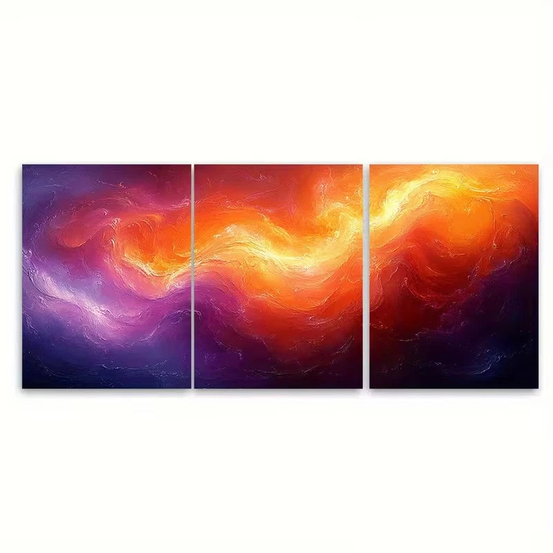 3pcs Abstract Swirling Orange and Purple Flowing Metal Print Ready to Hang Art - Bella Home Decor