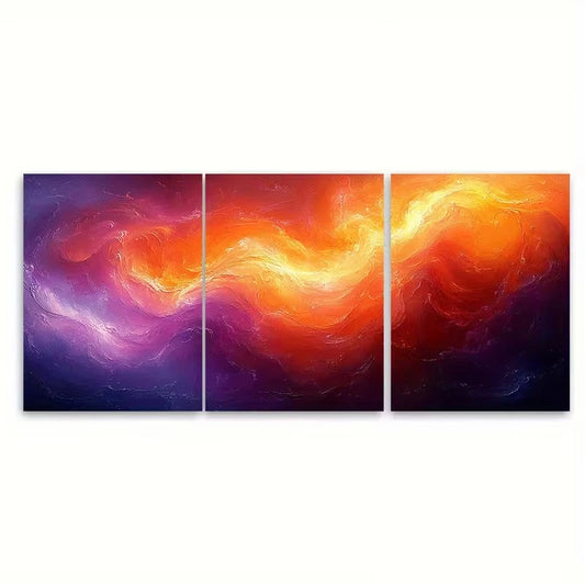 3pcs Abstract Swirling Orange and Purple Flowing Metal Print Ready to Hang Art