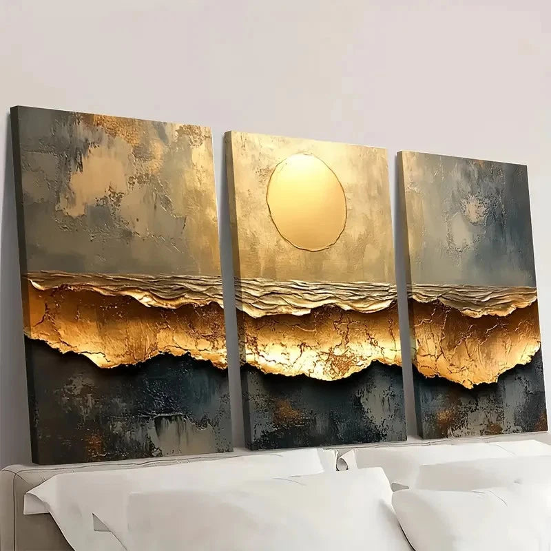 3pcs Brown Textured Abstract Art Golden  R   Wall Art Set Canvas Framed 60x90cm - High Quality Print 100% Australian Made Wall Canvas Ready to Hang - Bella Home Decor