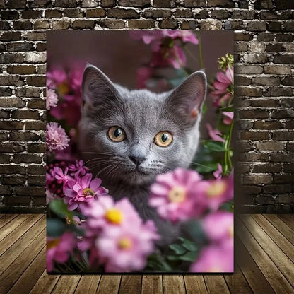 Charming Russian Blue Cat with Pink Flowers Painting 40x60cm Metal Print Ready to Hang