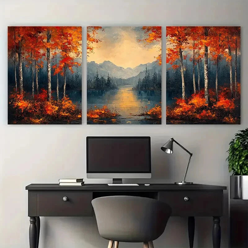 3pcs Abstract Forest with Mountain View Metal Print Ready to Hang Art - Bella Home Decor