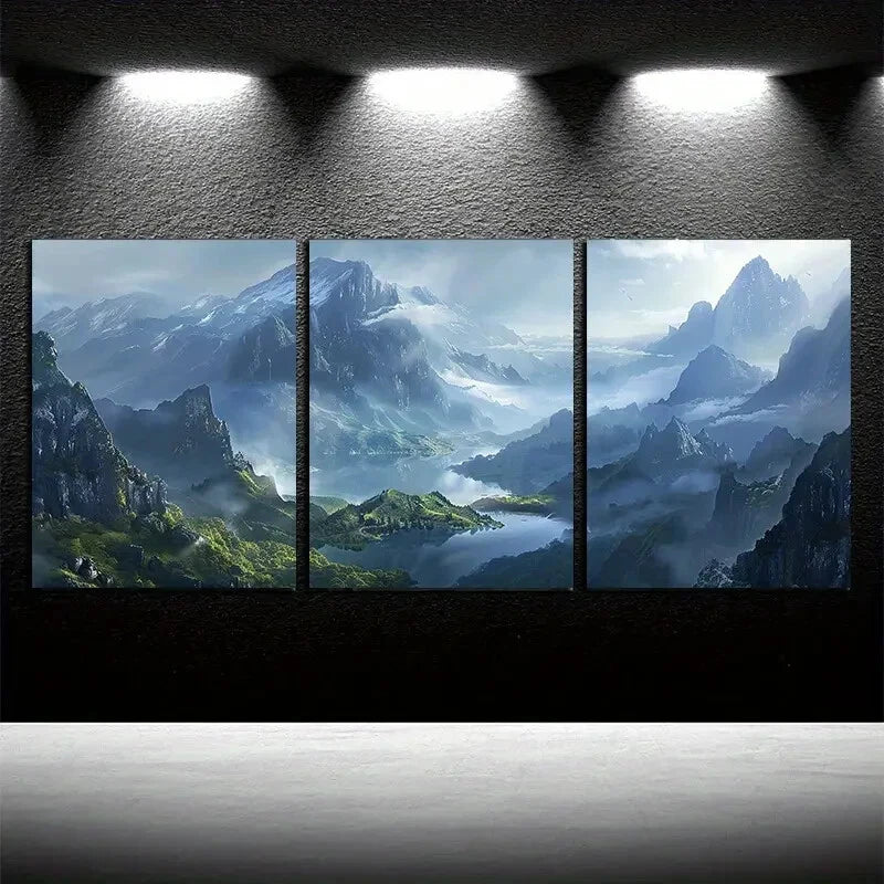 3pcs Mountain Peaks and Lake Surface Illustration Metal Print Ready to Hang Art - Bella Home Decor