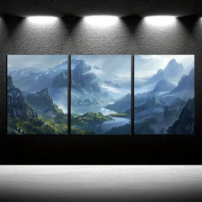 3pcs Mountain Peaks and Lake Surface Illustration Metal Print Ready to Hang Art - Bella Home Decor