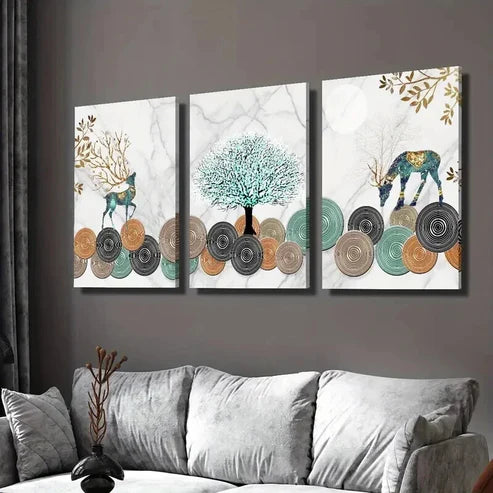 3pcs Ginkgo Leaf Golden Geometric Elk Wall Art Set Canvas Unframed - High Quality Print 100% Australian Made Wall Canvas