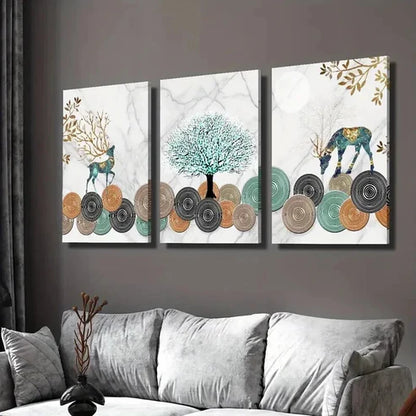 3pcs Ginkgo Leaf Golden Geometric Elk Wall Art Set Canvas Unframed - High Quality Print 100% Australian Made Wall Canvas
