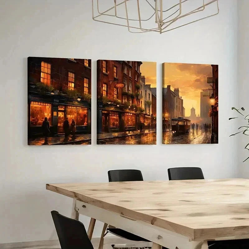 3pcs Retro Landscape Art Street Dusk Wall Art Set Canvas Framed 40x60cm - High Quality Print 100% Australian Made Wall Canvas Ready to Hang