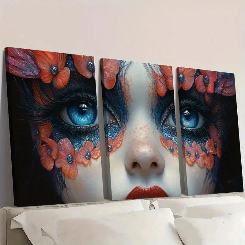 3pcs Vibrant Blue Eyes & Floral Design J   Wall Art Set Canvas Framed 60x90cm - High Quality Print 100% Australian Made Wall Canvas Ready to Hang