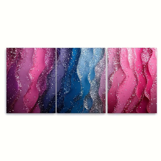 3pcs Vibrant Abstract Pink Blue Silvery Metal Print Ready to Hang Art
