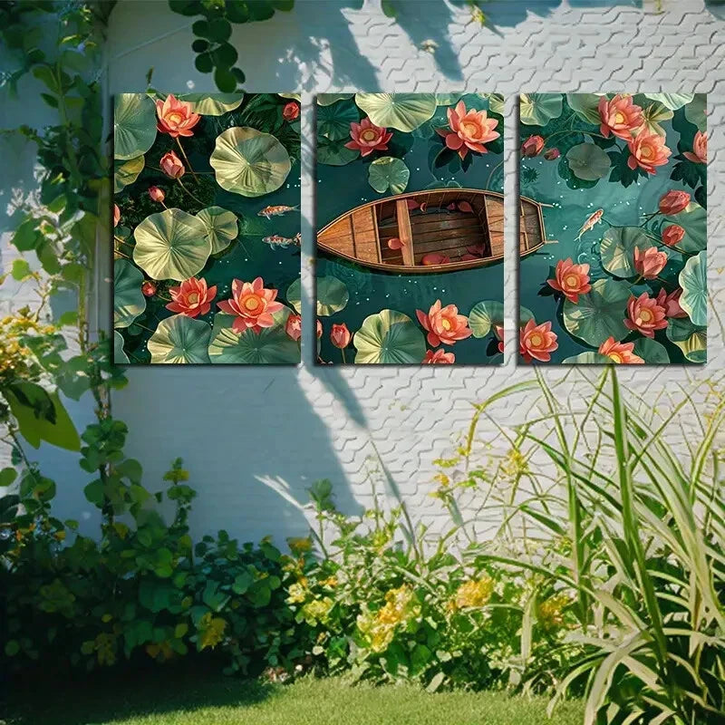 3pcs Vibrant Lotus Pond with Boat and fishes Metal Print Ready to Hang Art - Bella Home Decor
