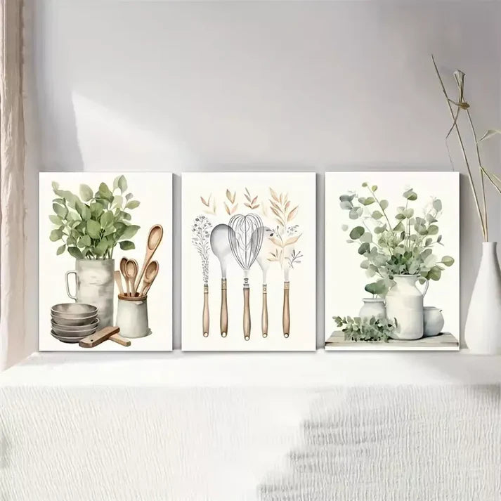 3pcs Kitchen Green Spice Oil Painting Wall Art Canvas Unframed - High Quality Print 100% Australian Made Wall Canvas