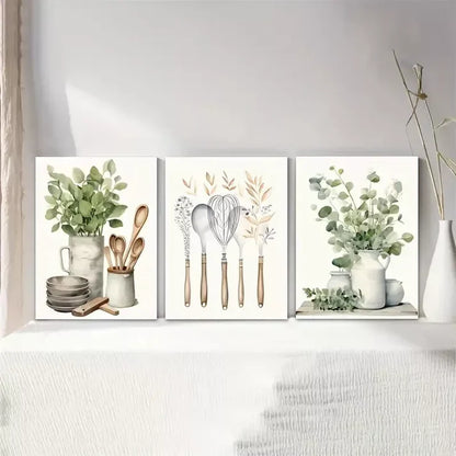 3pcs Kitchen Green Spice Oil Painting Wall Art Canvas Unframed - High Quality Print 100% Australian Made Wall Canvas