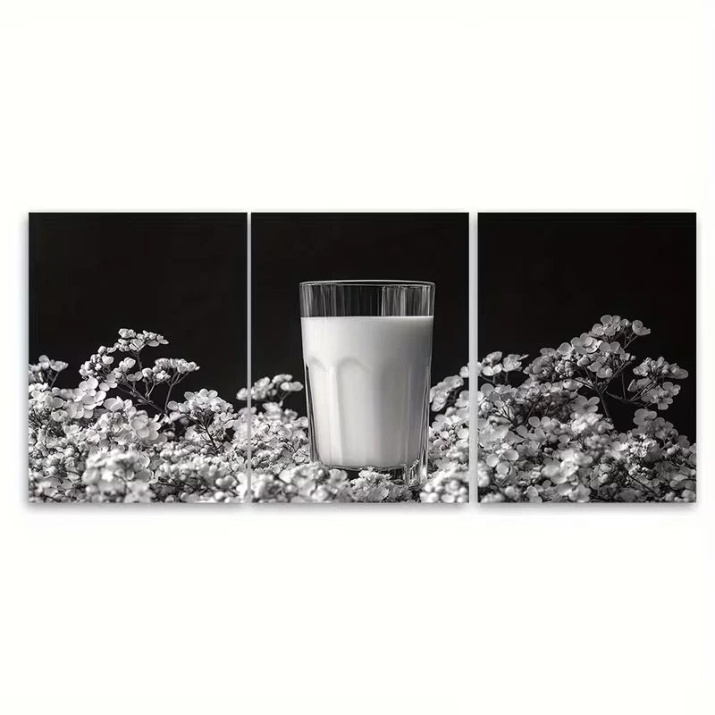3pcs Black White Glass of Milk Floral Metal Print Ready to Hang Art - Bella Home Decor