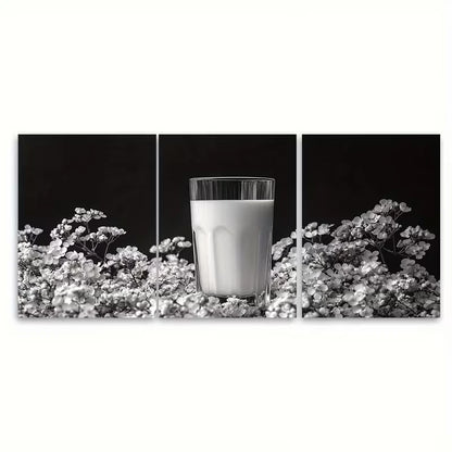 3pcs Black White Glass of Milk Floral Metal Print Ready to Hang Art - Bella Home Decor