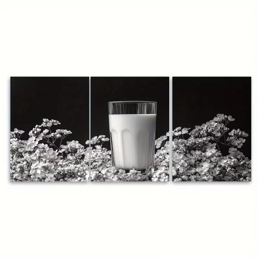 3pcs Black White Glass of Milk Floral Metal Print Ready to Hang Art