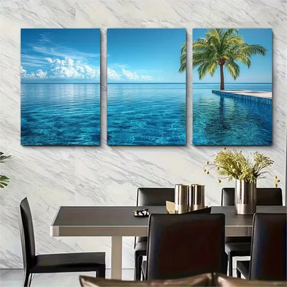 3pcs Tranquil Palm Tree Infinity Pool Metal Print Ready to Hang Art