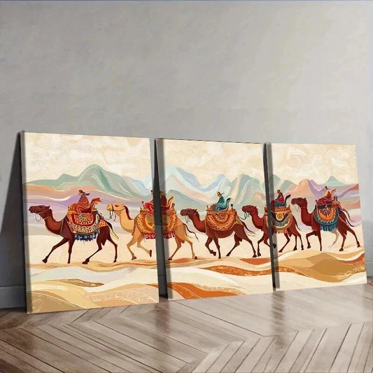 3pcs Camel Caravan t Wall Art Set Canvas Framed 50x70cm - High Quality Print 100% Australian Made Wall Canvas Ready to Hang