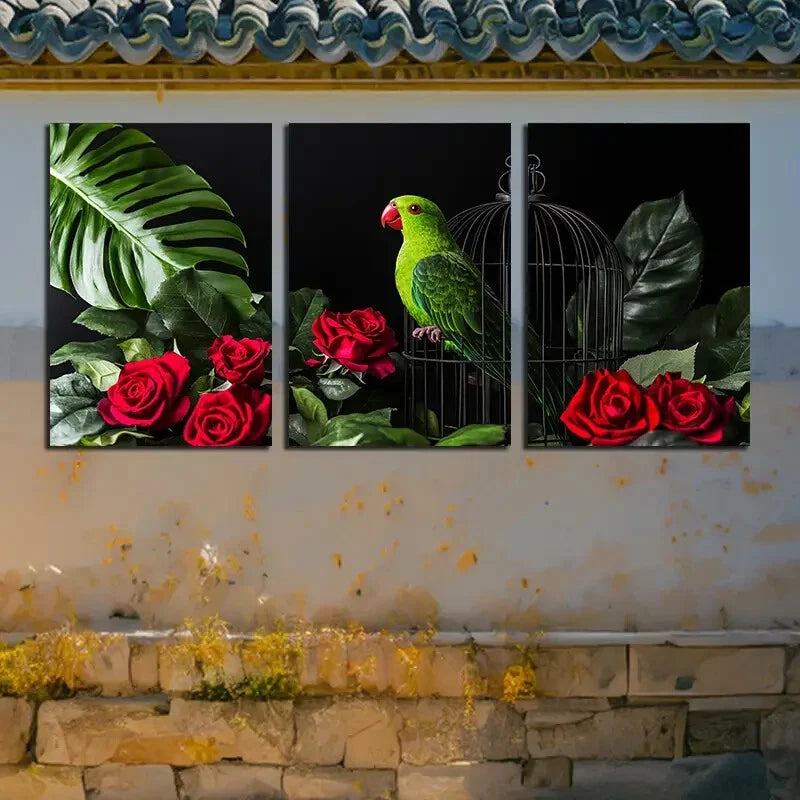 3pcs Vibrant Tropical Bird and Roses Illustration Metal Print Ready to Hang Art - Bella Home Decor