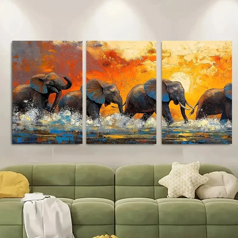 3pcs Playful Elephants Crossing River Metal Print Ready to Hang Art