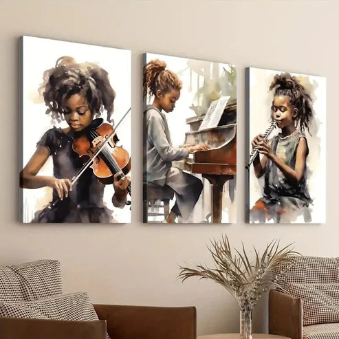 3pcs Black African American Girl Musical Instruments Wall Art Set Canvas Unframed - High Quality Print 100% Australian Made Wall Canvas - Bella Home Decor