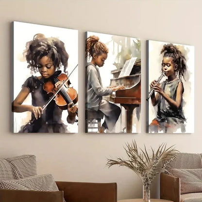 3pcs Black African American Girl Musical Instruments Wall Art Set Canvas Unframed - High Quality Print 100% Australian Made Wall Canvas - Bella Home Decor