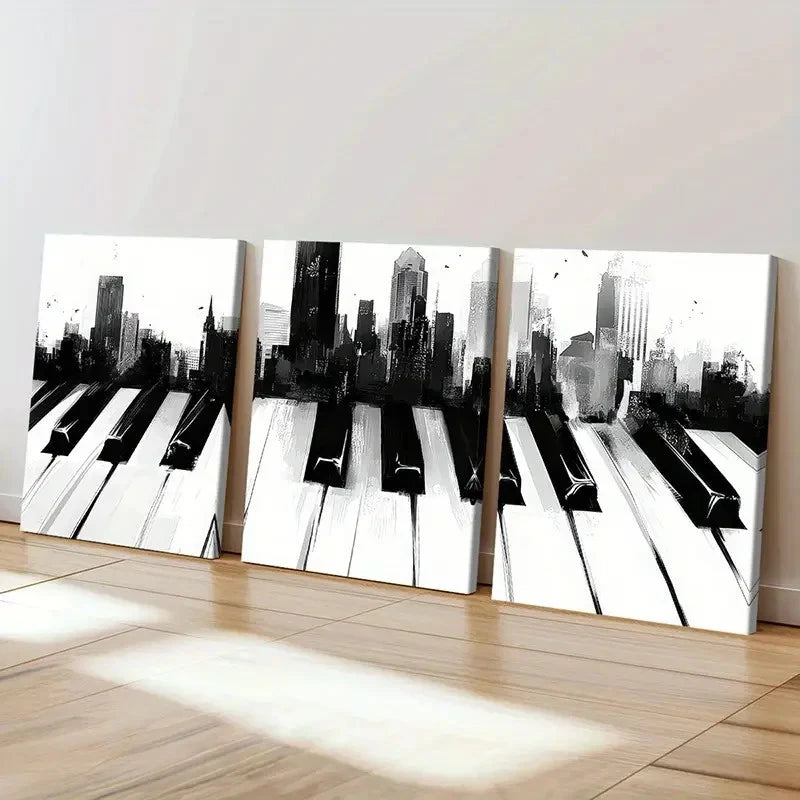 3pcs Black And White Modern Cityscape Piano Key    Wall Art Set Canvas Framed 40x60cm - High Quality Print 100% Australian Made Wall Canvas Ready to Hang - Bella Home Decor