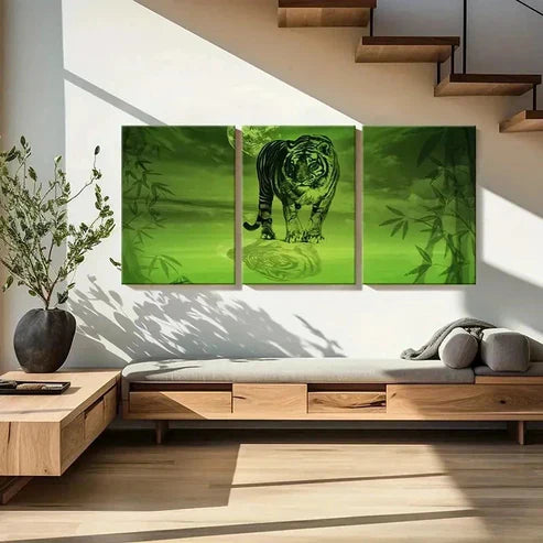 3pcs Vibrant Green Tiger screened Design Wall Art Set Canvas Unframed - High Quality Print 100% Australian Made Wall Canvas