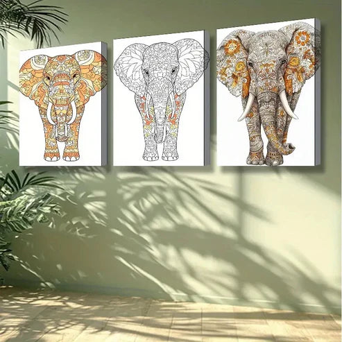 3pcs Stylized Elephant Wall Art Painting Wall Art Set Canvas Unframed - High Quality Print 100% Australian Made Wall Canvas
