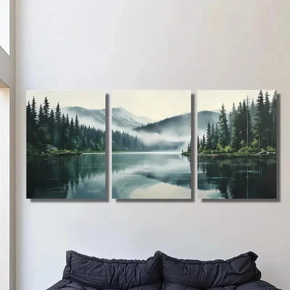 3pcs Serene Misty Forest & Tranquil Lake Metal Print Ready to Hang Art - Bella Home Decor
