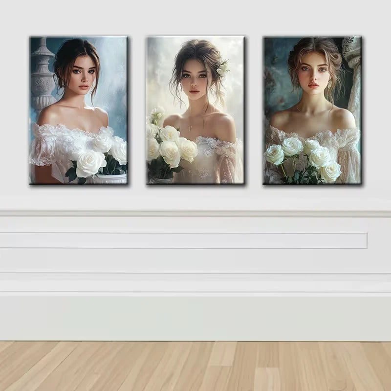 3pcs Elegant Girl with Bouquet Wall Art Set Canvas Framed 50x70cm - High Quality Print 100% Australian Made Wall Canvas Ready to Hang