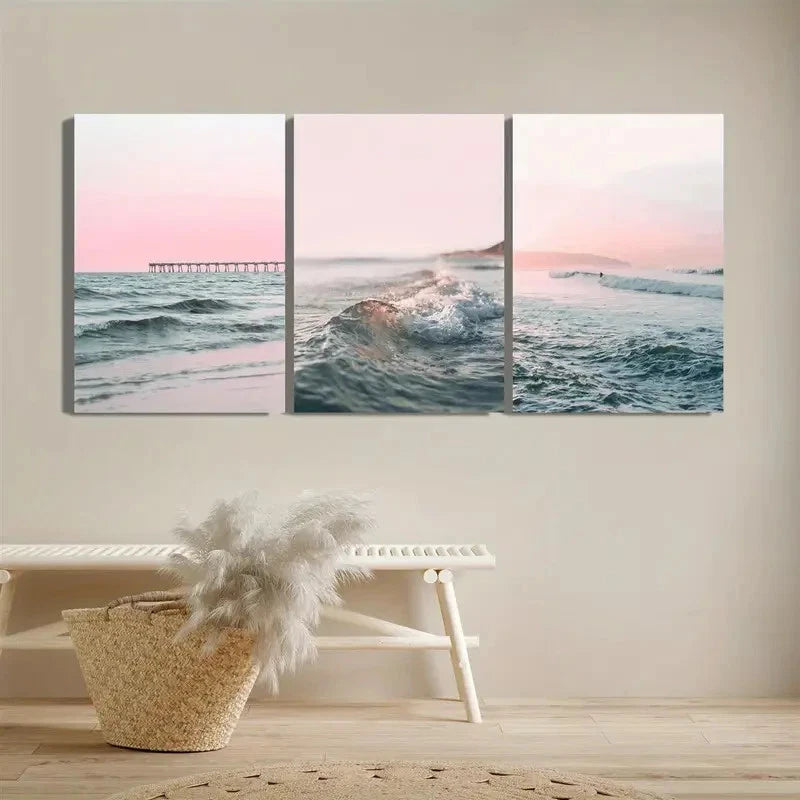 3pcs Soft Waves Pink Sky & Ocean Scenery Metal Print Ready to Hang Art - Bella Home Decor