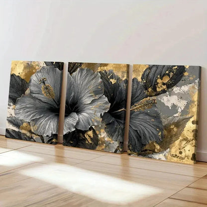 3pcs Elegant Golden Floral Art, Abstract Design Wall Art Set Canvas Framed 50x70cm - High Quality Print 100% Australian Made Wall Canvas Ready to Hang