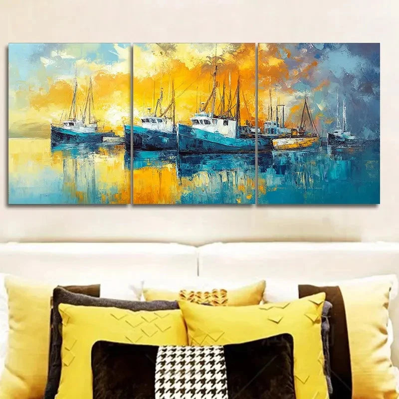 3pcs Featuring Boats at The Dock Artwork Metal Print Ready to Hang Art - Bella Home Decor