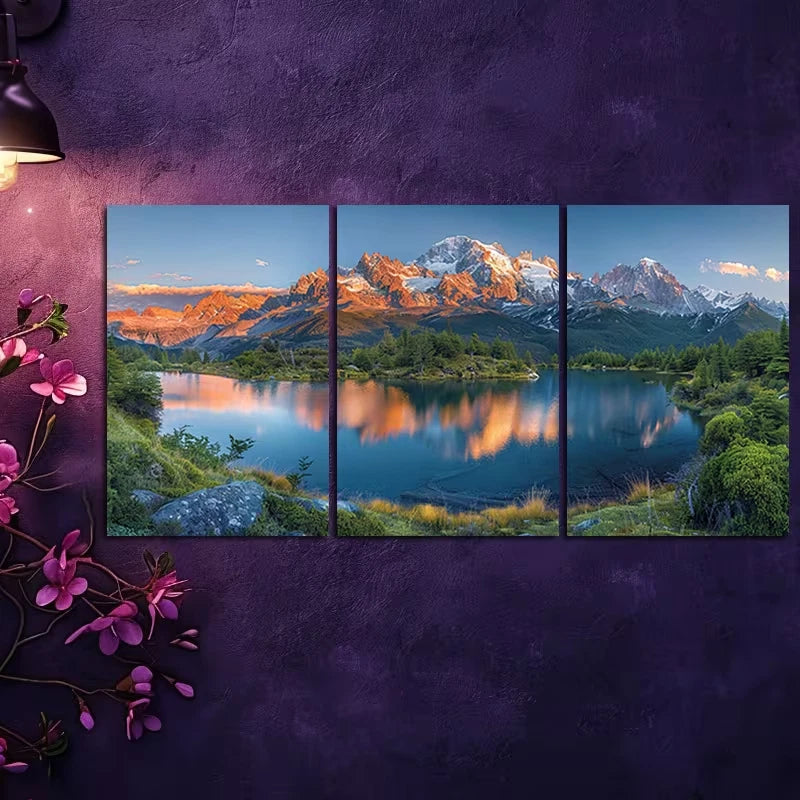 3pcs Mountain Lakeside Illustration Wall Art Set Canvas Framed 60x90cm - High Quality Print 100% Australian Made Wall Canvas Ready to Hang