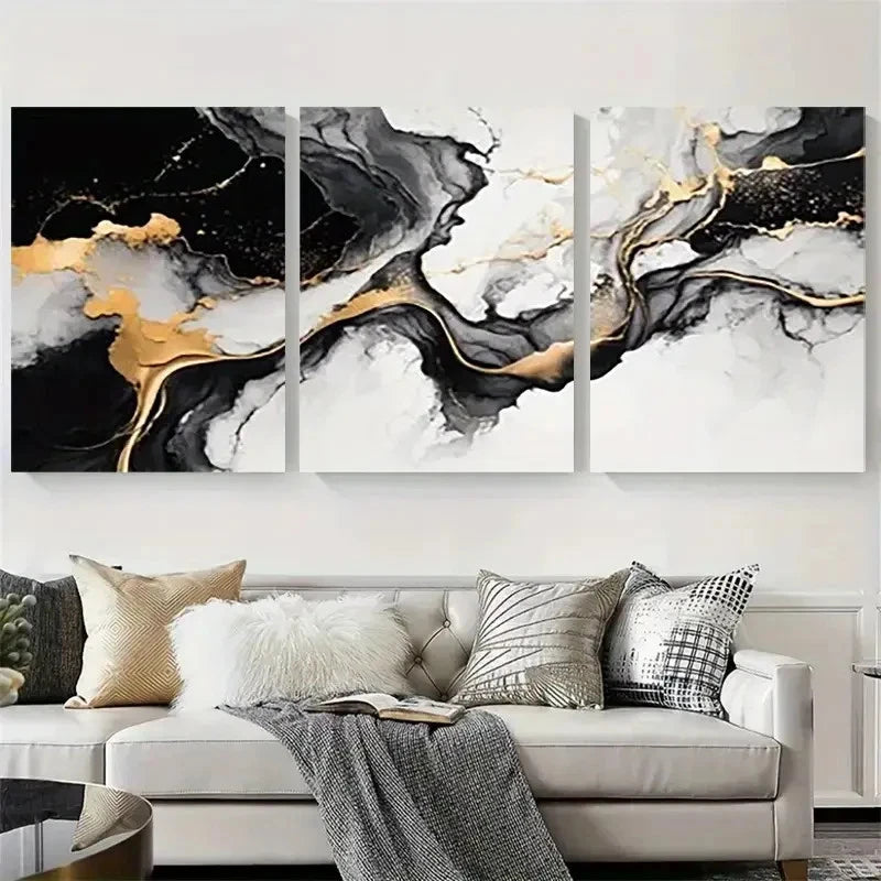 3pcs Black Golden White Fluid Design Wall Art Set Canvas Framed 60x90cm - High Quality Print 100% Australian Made Wall Canvas Ready to Hang