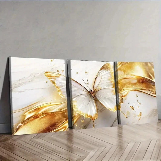 3pcs Ethereal Golden Butterfly Wall Art Set Canvas Framed 50x70cm - High Quality Print 100% Australian Made Wall Canvas Ready to Hang