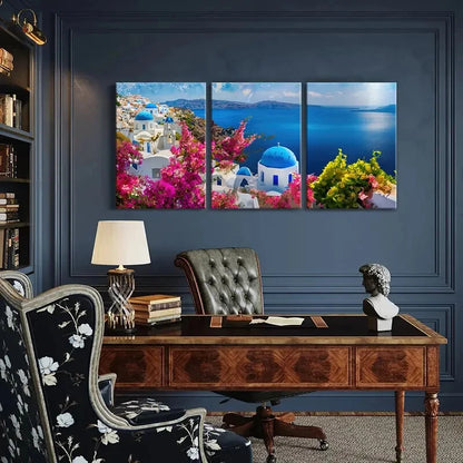 3pcs Santorini Landscape White Buildings Metal Print Ready to Hang Art - Bella Home Decor