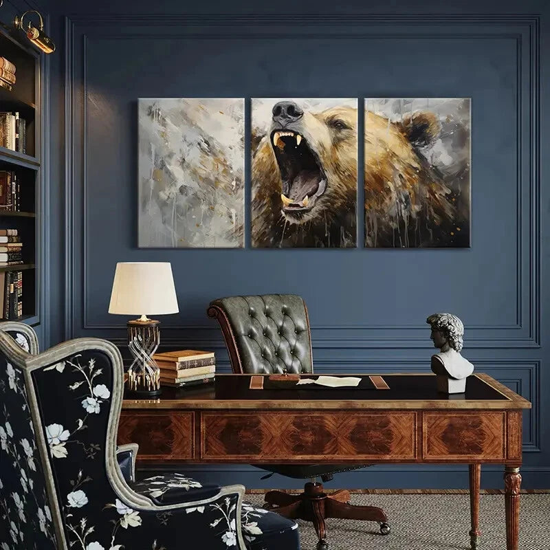 3pcs Artistic Bear Roar Abstract Wildlife Metal Print Ready to Hang Art - Bella Home Decor