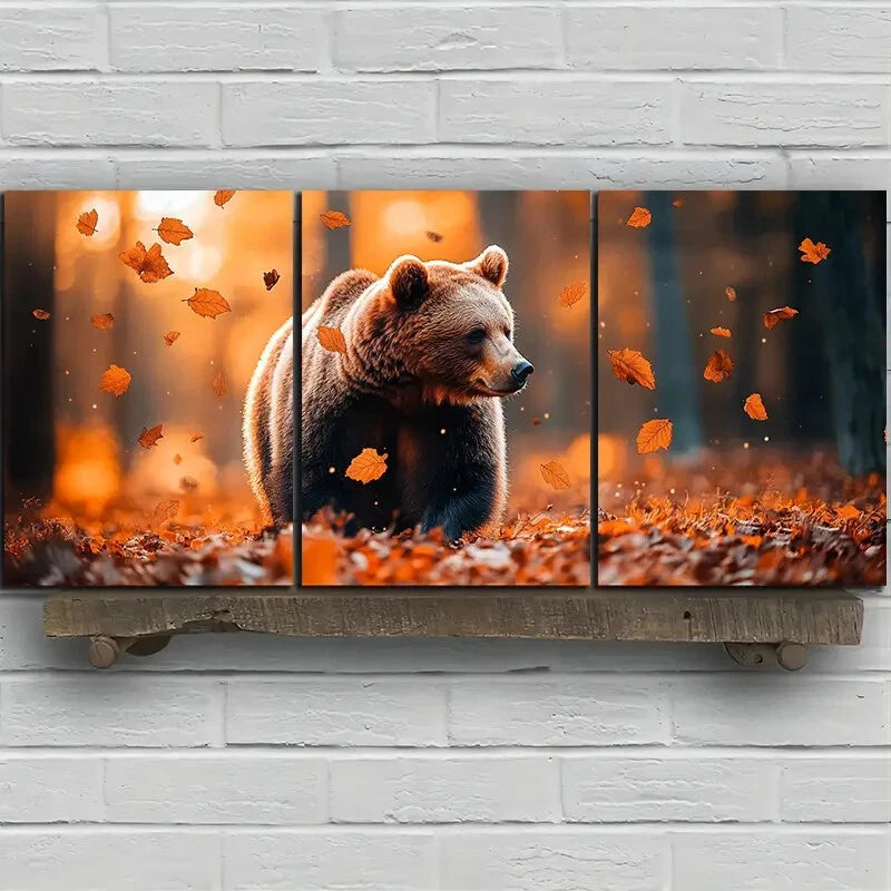3pcs Bears in the Forest Scenery Golden Leaves Metal Print Ready to Hang Art - Bella Home Decor