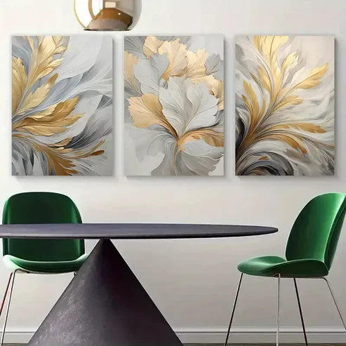 3pcs Golden and White leaf Abstract Wall Art Set Canvas Unframed - High Quality Print 100% Australian Made Wall Canvas - Bella Home Decor