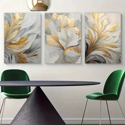 3pcs Golden and White leaf Abstract Wall Art Set Canvas Unframed - High Quality Print 100% Australian Made Wall Canvas - Bella Home Decor