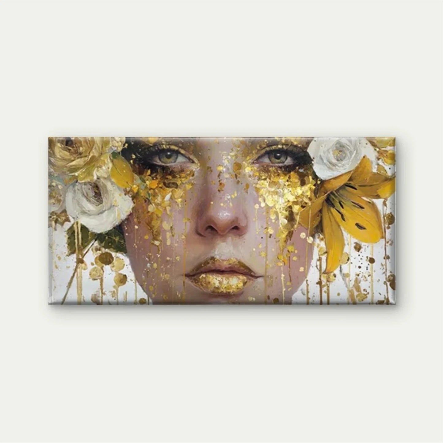 Woman Face with Golden & Roses Wall Art Canvas Office Home Room Framed 120x60cm