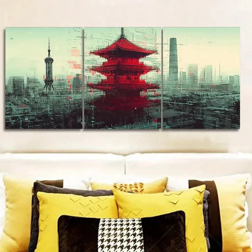 3pcs Chinese-Style Tower Modern Classic Design Wall Art Set Canvas Unframed - High Quality Print 100% Australian Made Wall Canvas - Bella Home Decor
