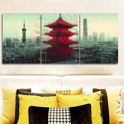 3pcs Chinese-Style Tower Modern Classic Design Wall Art Set Canvas Unframed - High Quality Print 100% Australian Made Wall Canvas - Bella Home Decor