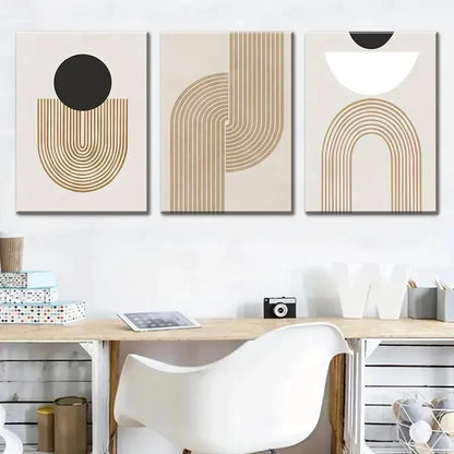 3pcs Bohemian Abstract Black Beige and Golden Metal Print Ready to Hang Art - Bella Home Decor